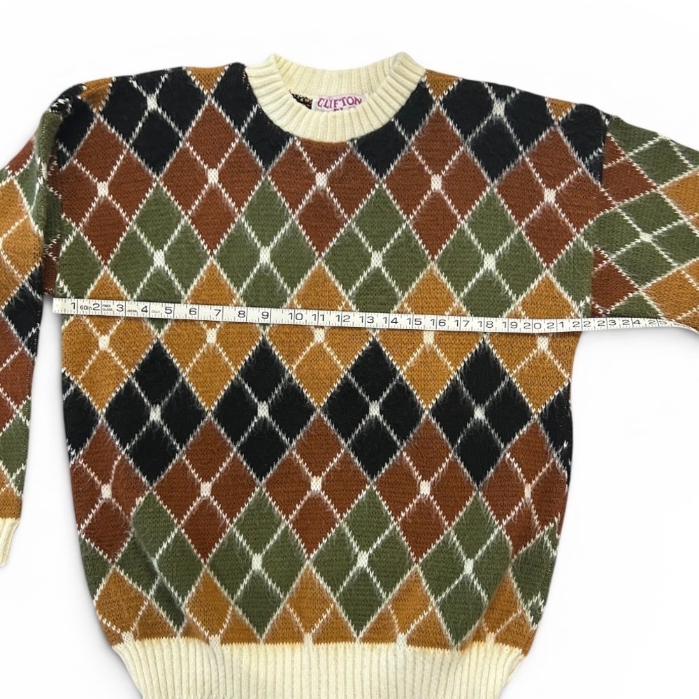 Vintage Clifton Place Knits Argyle Sweater Made in USA Crewneck Multicolor - Picture 2 of 5